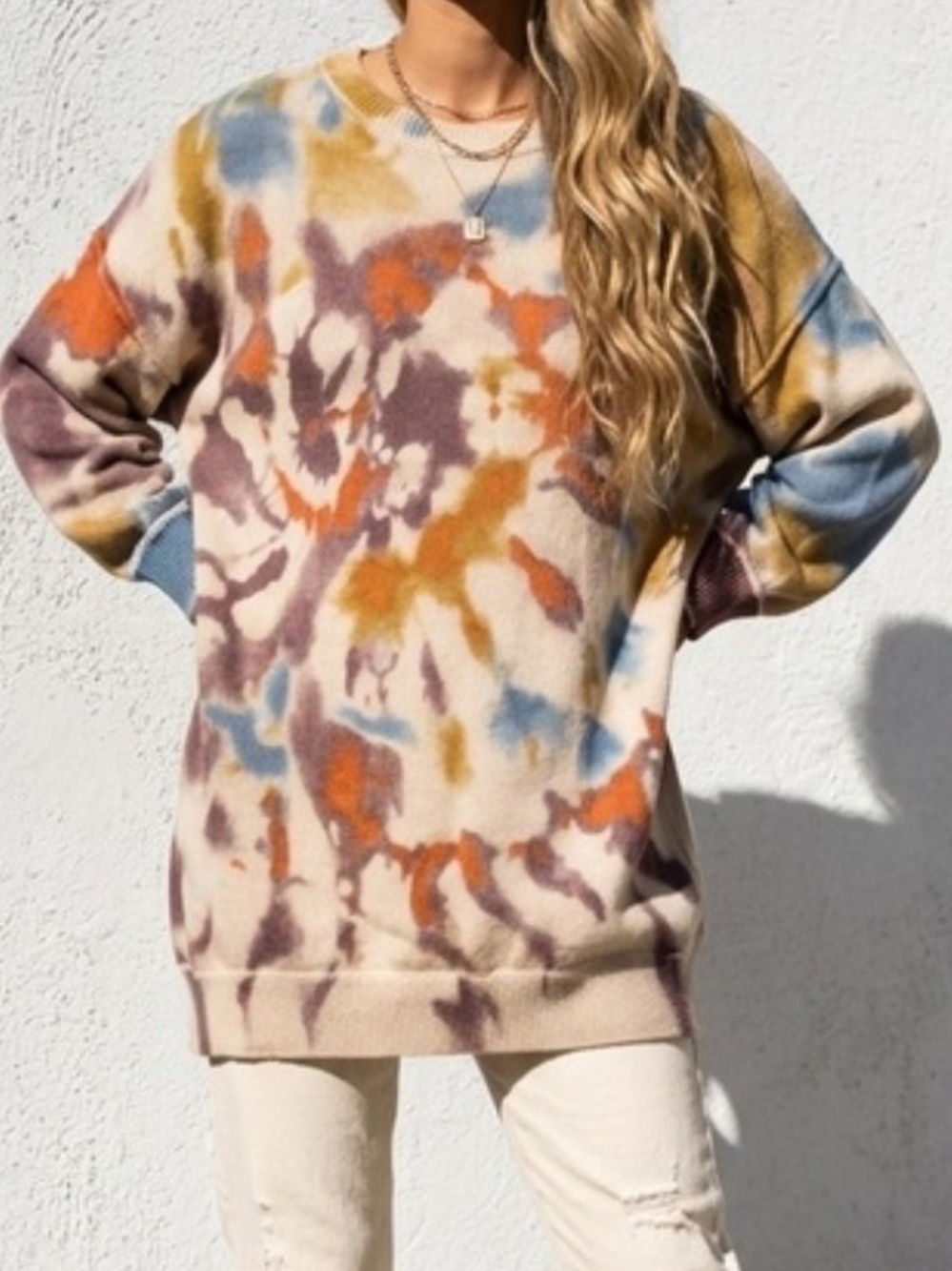 NATURAL LIFE Cream Tie-Dye Crewneck Sweater with Orange, Blue & Purple Accents